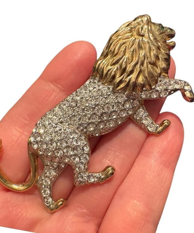 Vintage large rhinestone crystal Gold and Silver textured  Lion Brooch