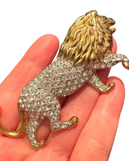 Vintage large rhinestone crystal Gold and Silver textured  Lion Brooch
