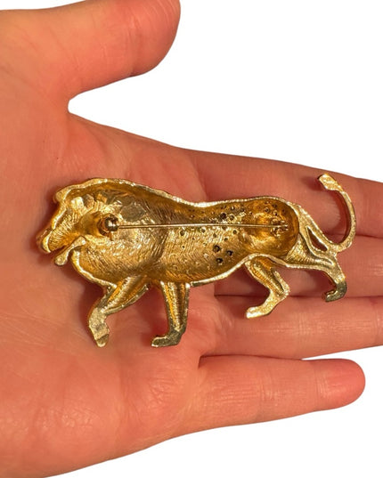Vintage large rhinestone crystal Gold and Silver textured  Lion Brooch