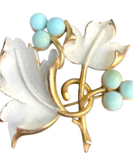 Vintage Sarah Coventry Gold Leaf Brooch with white enamel leaves w Blue Berries