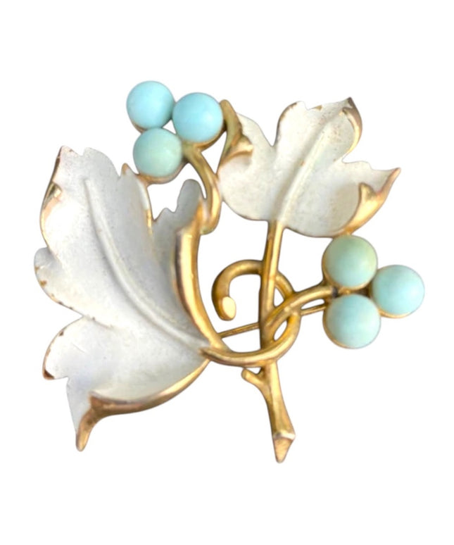 Vintage Sarah Coventry Gold Leaf Brooch with white enamel leaves w Blue Berries