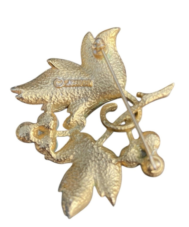 Vintage Sarah Coventry Gold Leaf Brooch with white enamel leaves w Blue Berries