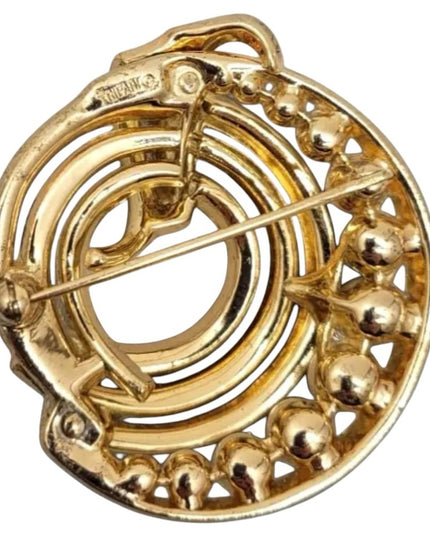 Vintage Crown Trifari Gold and Pearl rhinestone crystal swirl wreath Brooch