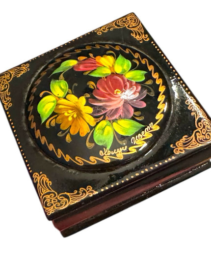 Vintage Small Russian Lacquer Box Flowers Hand-Painted Floral Jewelry Box