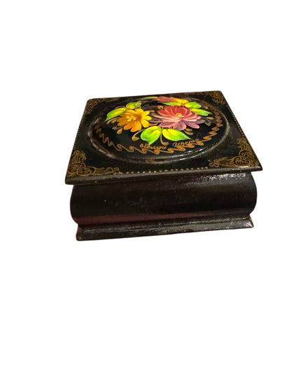 Vintage Small Russian Lacquer Box Flowers Hand-Painted Floral Jewelry Box