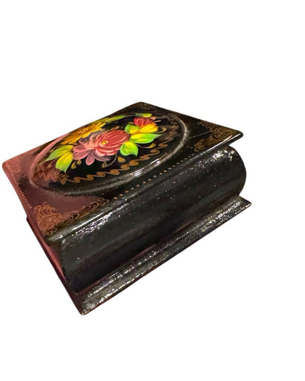 Vintage Small Russian Lacquer Box Flowers Hand-Painted Floral Jewelry Box