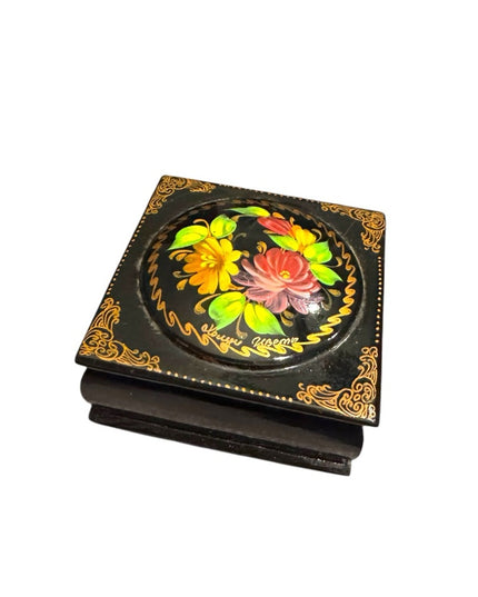 Vintage Small Russian Lacquer Box Flowers Hand-Painted Floral Jewelry Box
