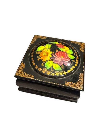 Vintage Small Russian Lacquer Box Flowers Hand-Painted Floral Jewelry Box