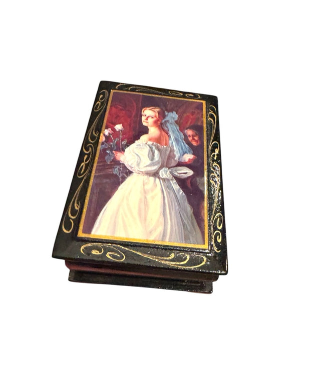 Vintage Bride Jewelry Box Small Russian Lacquer Hand-Painted Jewelry Box