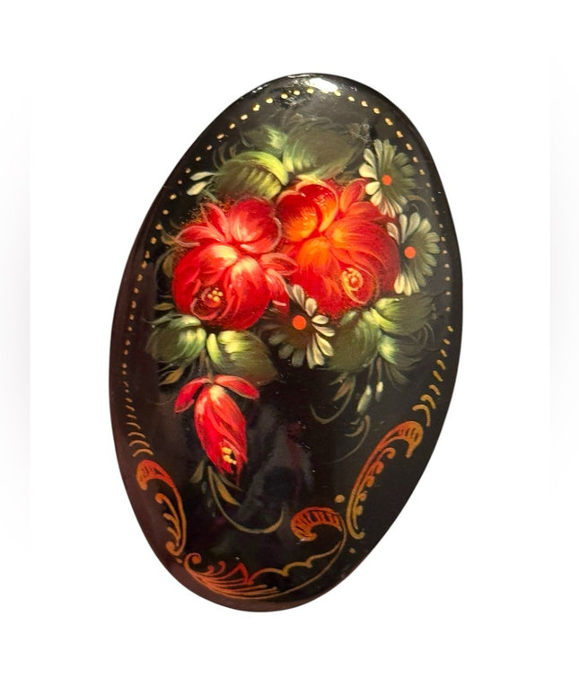 Hand-Painted Floral Brooch Vintage Decorative Oval Art Russian Lacquer