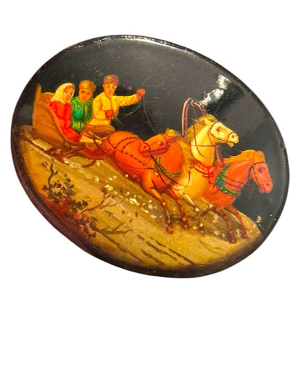 Vintage Hand-Painted Brooch Horse and Carriage Scene Russian Laquer