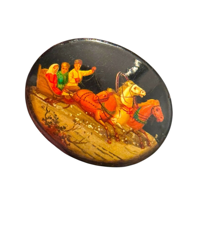 Vintage Hand-Painted Brooch Horse and Carriage Scene Russian Laquer