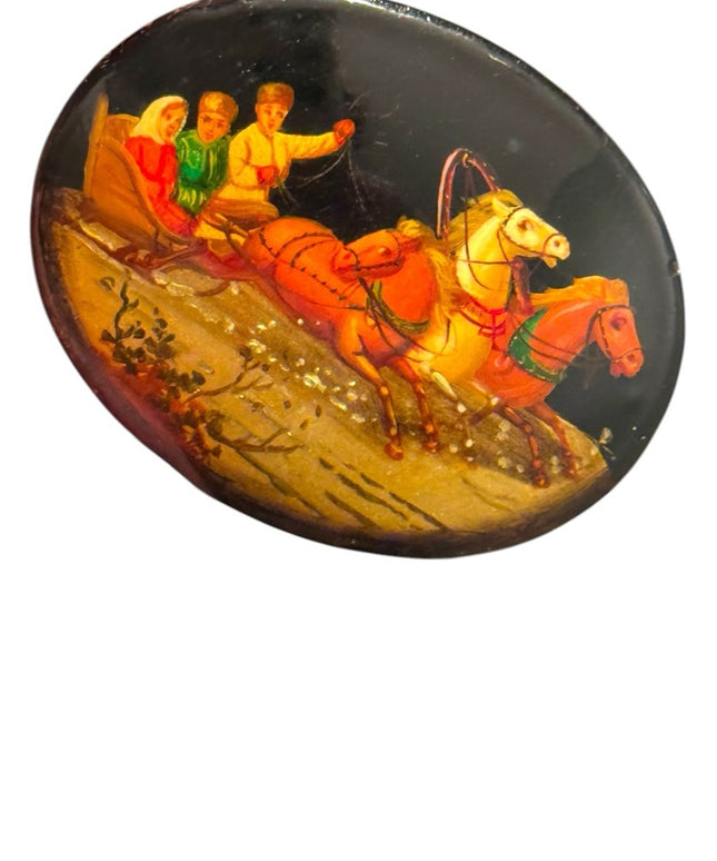 Vintage Hand-Painted Brooch Horse and Carriage Scene Russian Laquer