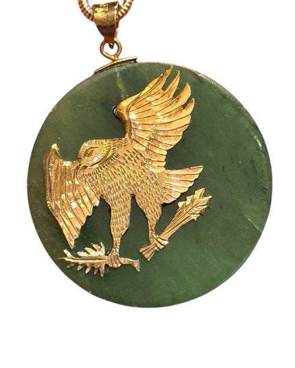Vintage Green Jadeite Pendant with Gold filled etched Eagle Silver