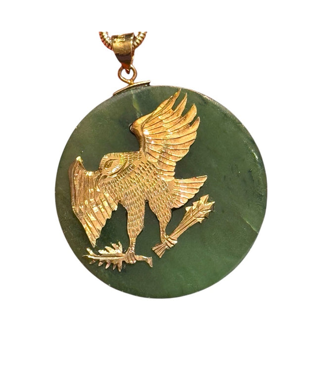Vintage Green Jadeite Pendant with Gold filled etched Eagle Silver