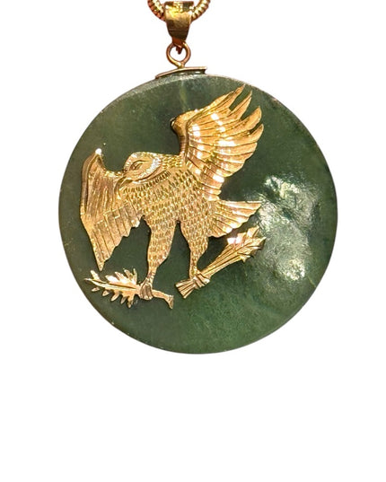 Vintage Green Jadeite Pendant with Gold filled etched Eagle Silver