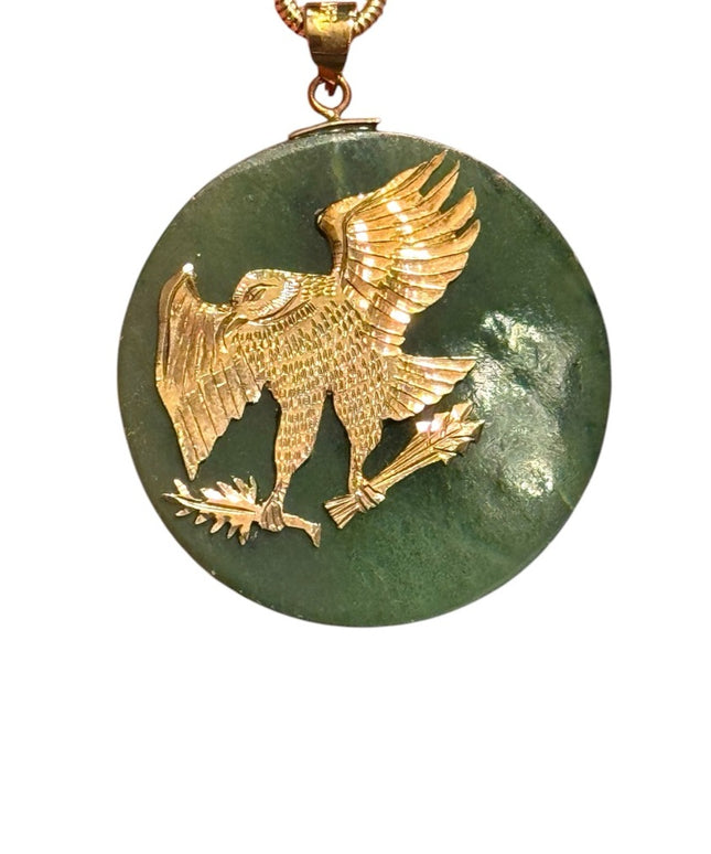 Vintage Green Jadeite Pendant with Gold filled etched Eagle Silver