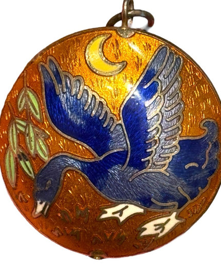 Vintage Blue & gold Enamel cloissone Duck floral Bird round  Pendant