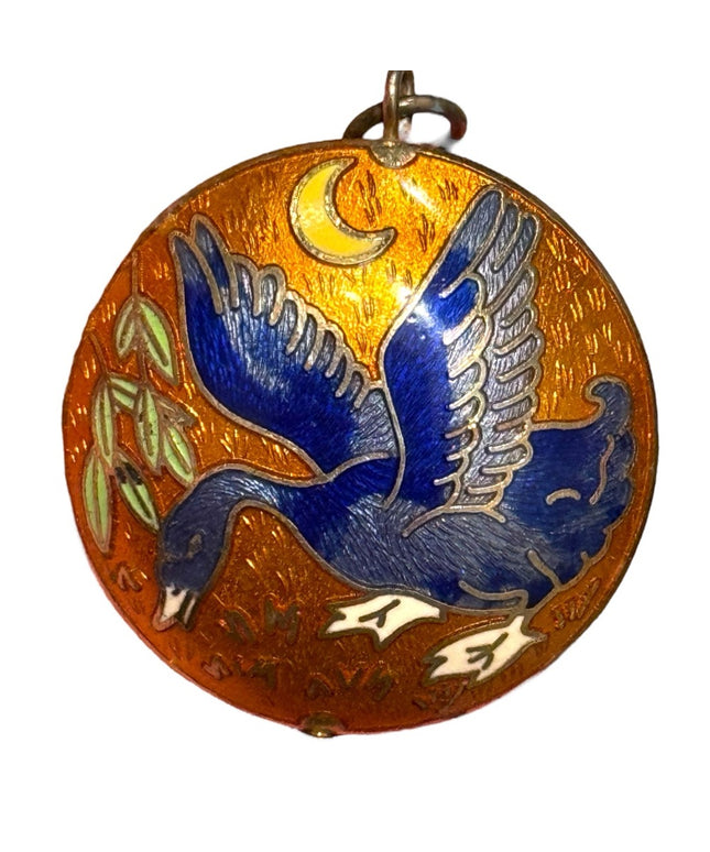 Vintage Blue & gold Enamel cloissone Duck floral Bird round  Pendant