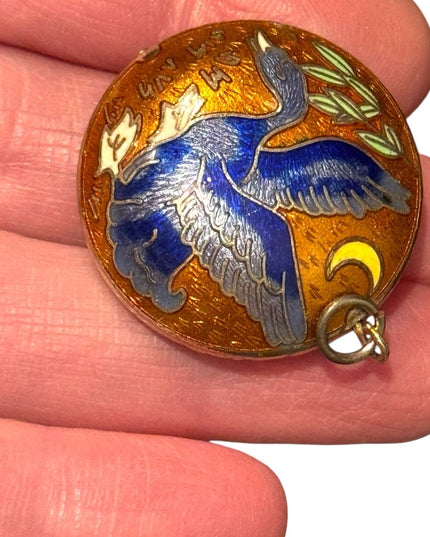 Vintage Blue & gold Enamel cloissone Duck floral Bird round  Pendant