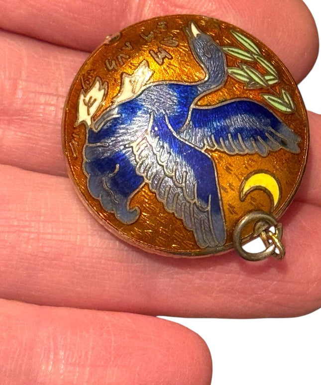 Vintage Blue & gold Enamel cloissone Duck floral Bird round  Pendant
