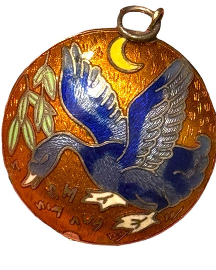 Vintage Blue & gold Enamel cloissone Duck floral Bird round  Pendant