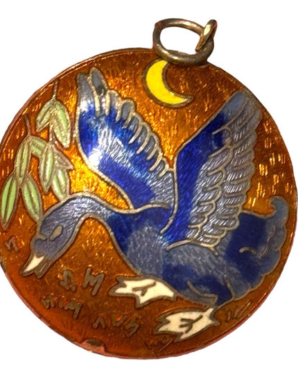 Vintage Blue & gold Enamel cloissone Duck floral Bird round  Pendant
