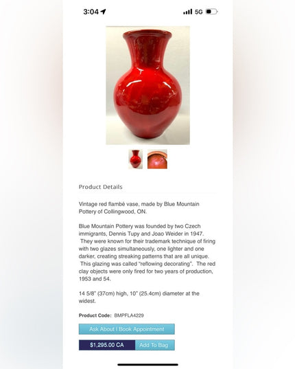 - X-LARGE VINTAGE BLUE MOUNTAIN POTTERY RED FLAMBE GLAZE VASE STUNNING CANADA