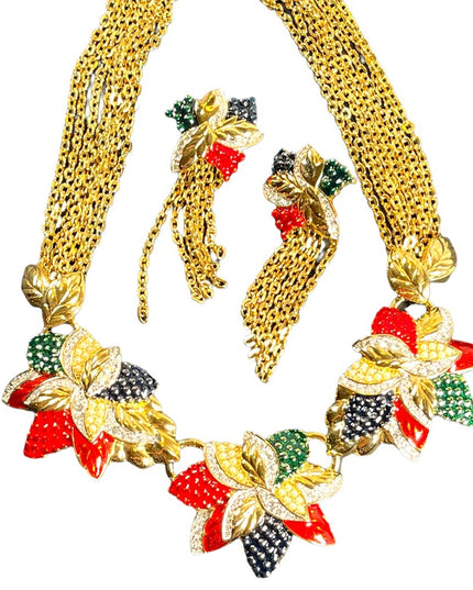 1990s RARE NINA RICCI PARIS Hawaiian Flower Gold
plated Rhinestone enamel