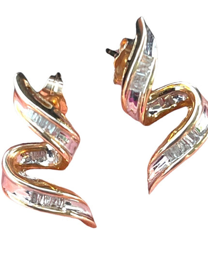 Stunning 10k solid gold Baguette diamond swirl earrings