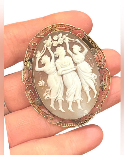 Antique 10k Rose gold Large 2” 3 Graces carved shell Cameo brooch pendant