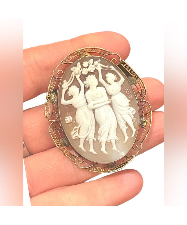 Antique 10k Rose gold Large 2” 3 Graces carved shell Cameo brooch pendant