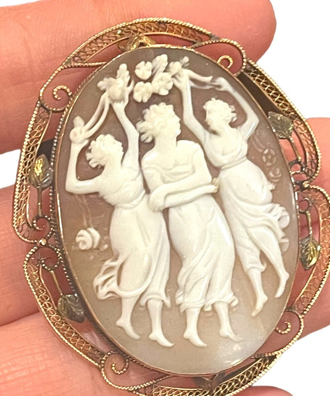 Antique 10k Rose gold Large 2” 3 Graces carved shell Cameo brooch pendant