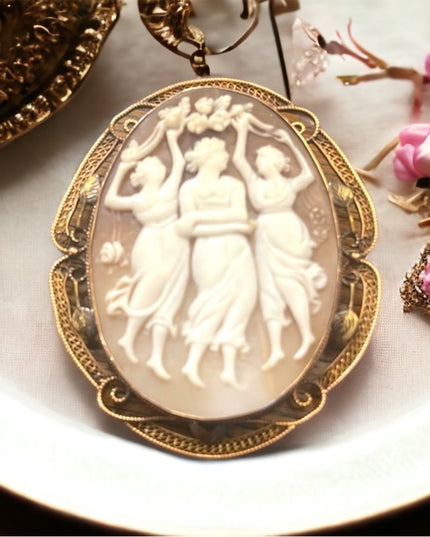 Antique 10k Rose gold Large 2” 3 Graces carved shell Cameo brooch pendant