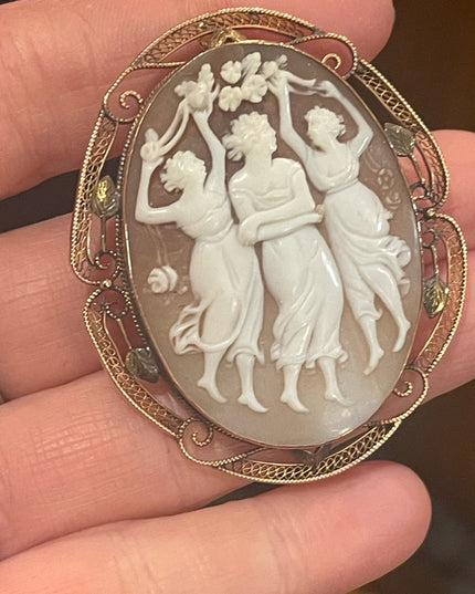 Antique 10k Rose gold Large 2” 3 Graces carved shell Cameo brooch pendant