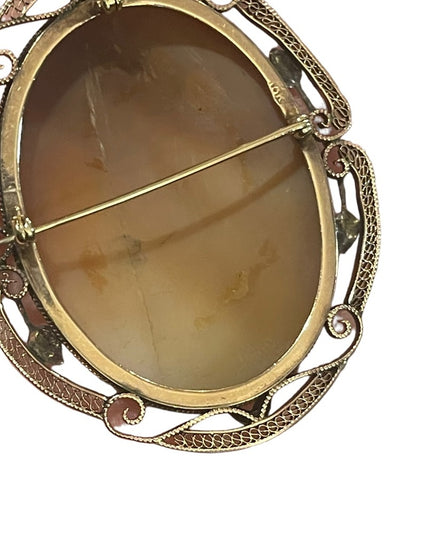 Antique 10k Rose gold Large 2” 3 Graces carved shell Cameo brooch pendant
