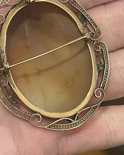Antique 10k Rose gold Large 2” 3 Graces carved shell Cameo brooch pendant