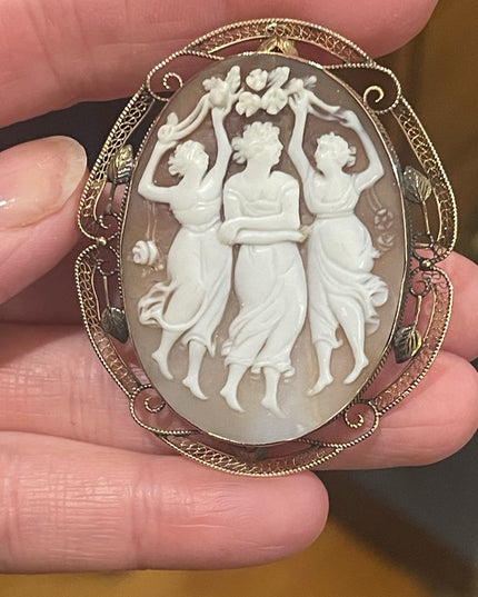 Antique 10k Rose gold Large 2” 3 Graces carved shell Cameo brooch pendant