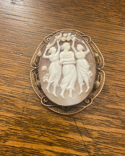 Antique 10k Rose gold Large 2” 3 Graces carved shell Cameo brooch pendant