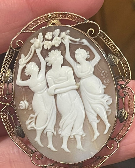 Antique 10k Rose gold Large 2” 3 Graces carved shell Cameo brooch pendant