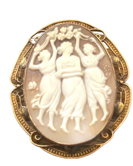 Antique 10k Rose gold Large 2” 3 Graces carved shell Cameo brooch pendant