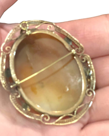 Antique 10k Rose gold Large 2” 3 Graces carved shell Cameo brooch pendant