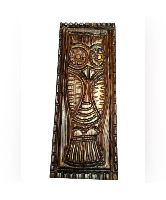 Vintage Heavy Large 1960s Solid Wood Native Carved Wooden Owl Wall Art MCM
