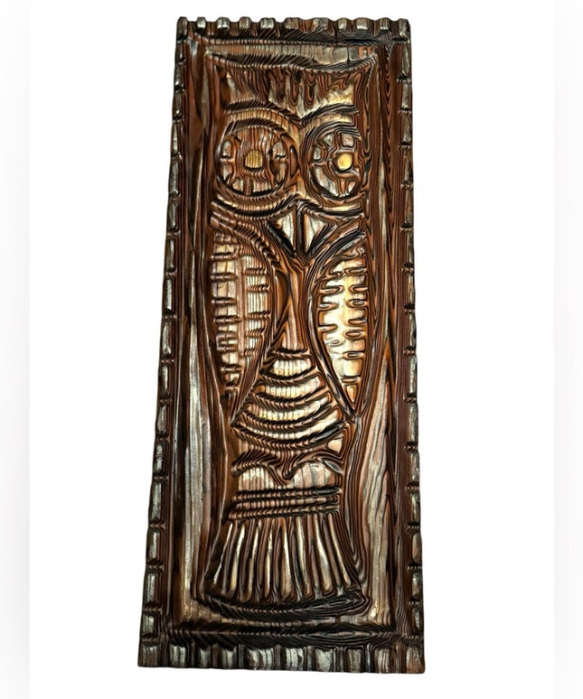 Vintage Heavy Large 1960s Solid Wood Native Carved Wooden Owl Wall Art MCM