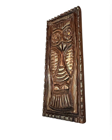 Vintage Heavy Large 1960s Solid Wood Native Carved Wooden Owl Wall Art MCM