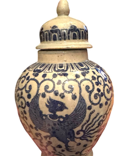 Vintage Blue painted Phoenix Blue and Cream Ceramic pottery Ginger Jar