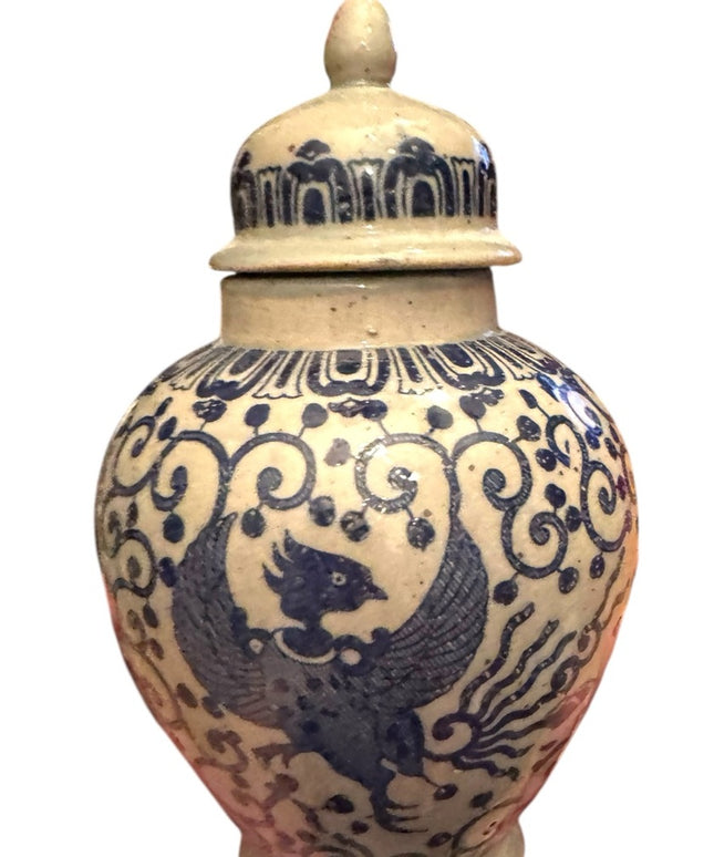 Vintage Blue painted Phoenix Blue and Cream Ceramic pottery Ginger Jar
