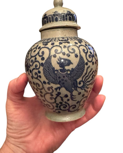 Vintage Blue painted Phoenix Blue and Cream Ceramic pottery Ginger Jar