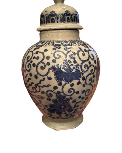 Vintage Blue painted Phoenix Blue and Cream Ceramic pottery Ginger Jar