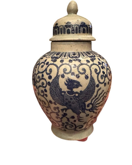 Vintage Blue painted Phoenix Blue and Cream Ceramic pottery Ginger Jar